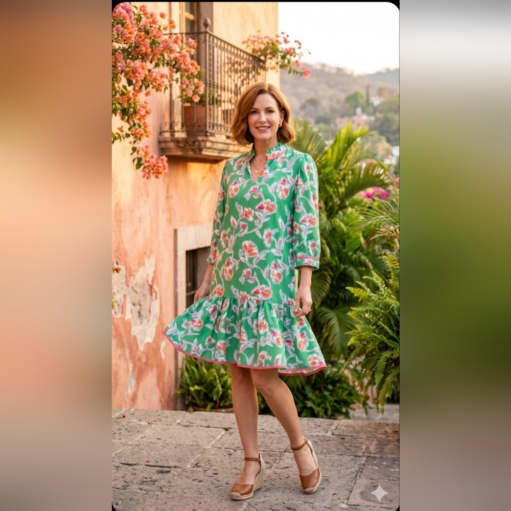 Mary Square Green Floral Ruffle-Hem Women's Dress Size L.
